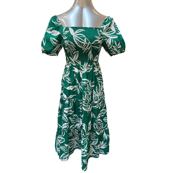 Meadow Rhodes Green Leaf Print Cotton Midi Dress Women's Petite Medium Green - Picture 1 of 4